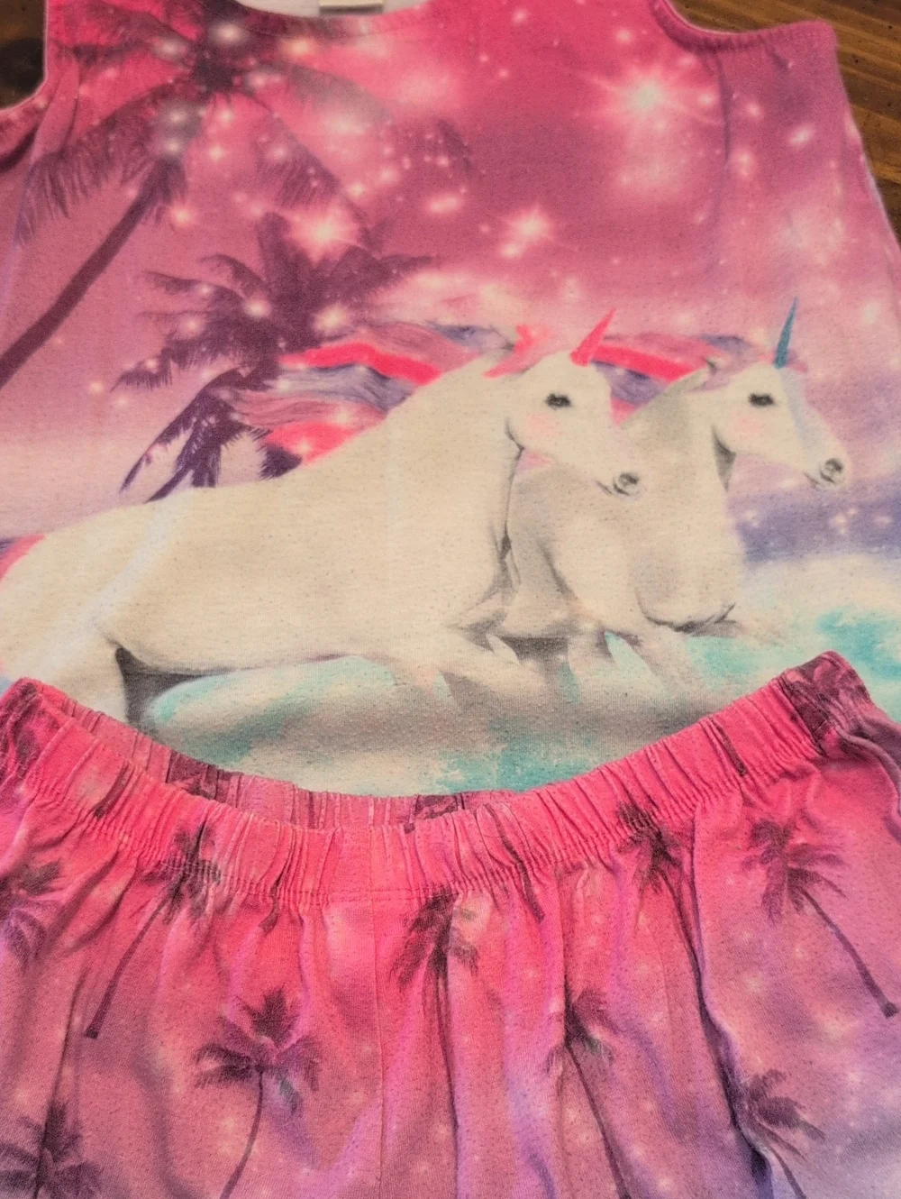 Girls Pink Unicorn Pajama Set - Tropical Palm Print
